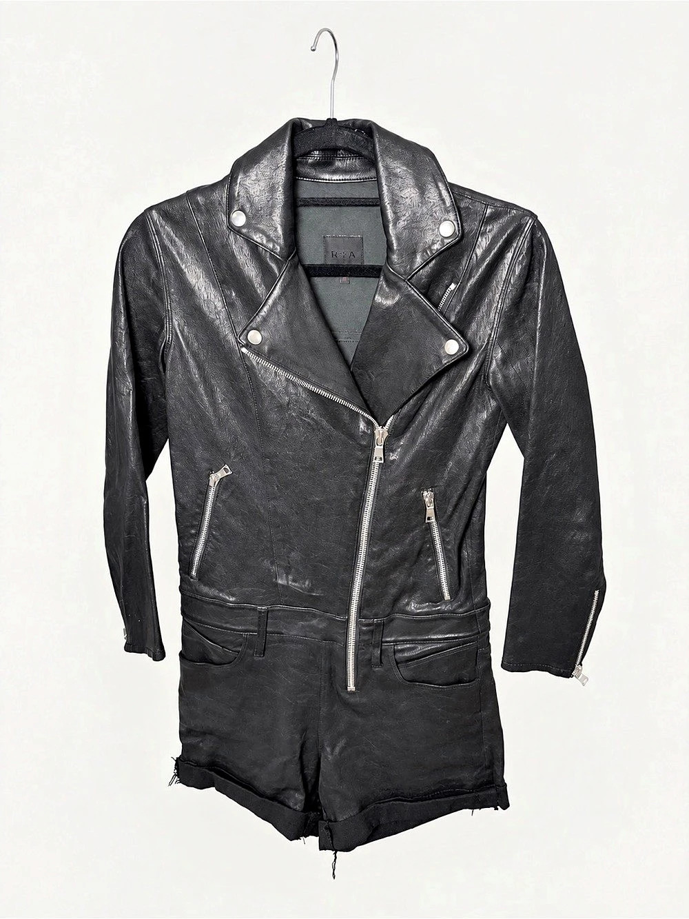 RtA Black Lambskin Leather Moto Romper Long Sleeve XS